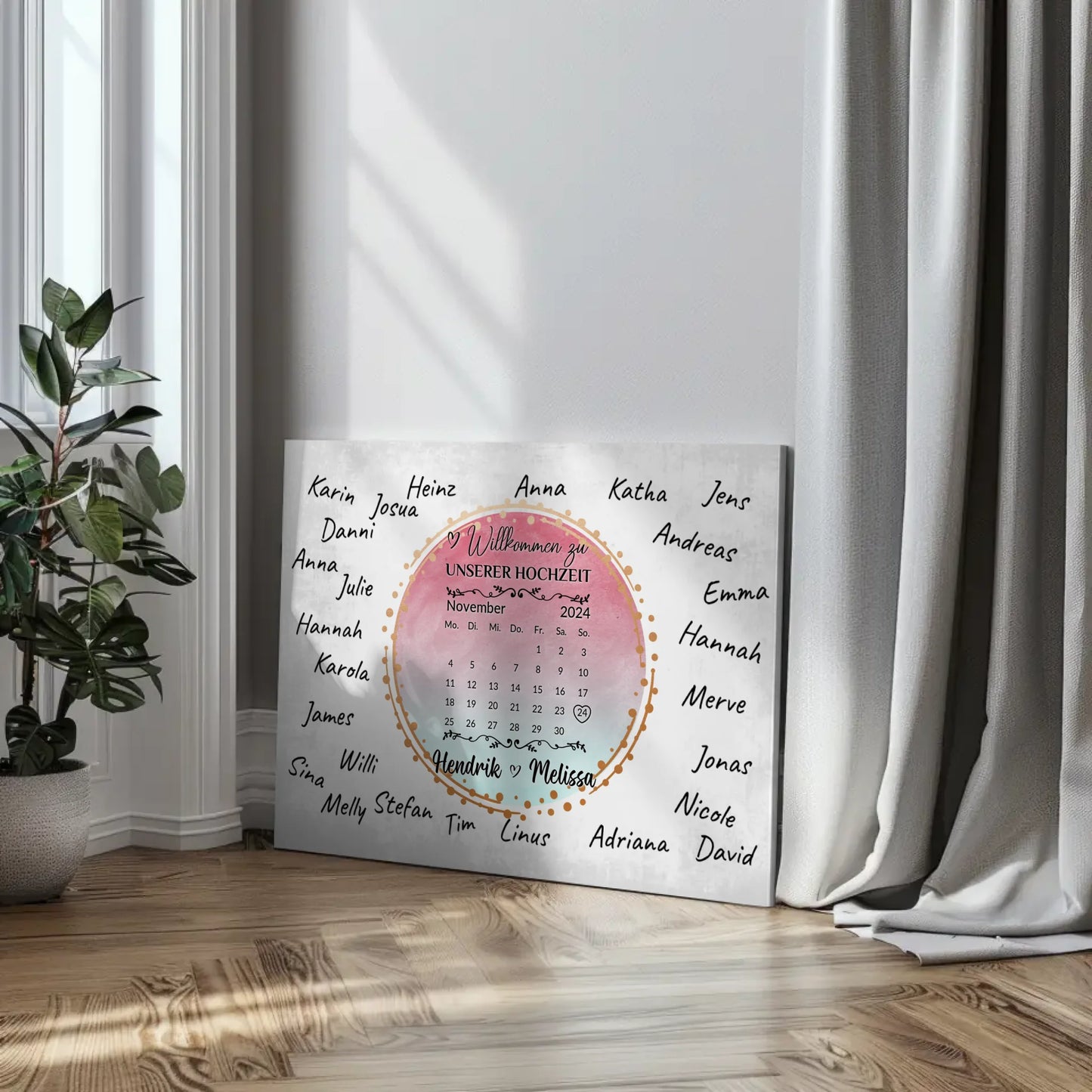 Willkommens Leinwand Hochzeit für eigene Unterschriften Farbklecks Blau