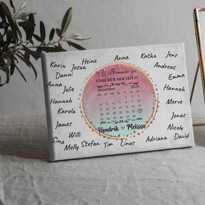 Willkommens Leinwand Hochzeit für eigene Unterschriften Farbklecks Blau