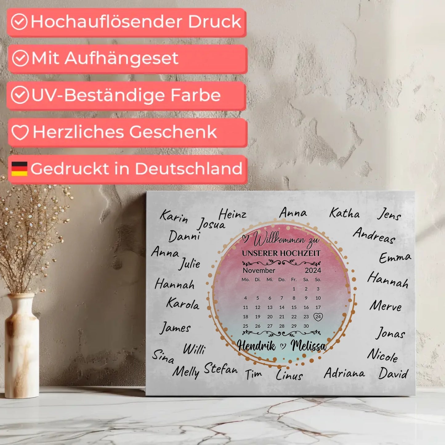 Willkommens Leinwand Hochzeit für eigene Unterschriften Farbklecks Blau