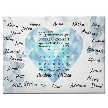 Leinwand Hochzeit Herzlich Willkommen mit Blue Diamond Unterschriften