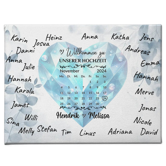 Leinwand Hochzeit Herzlich Willkommen mit Blue Diamond Unterschriften
