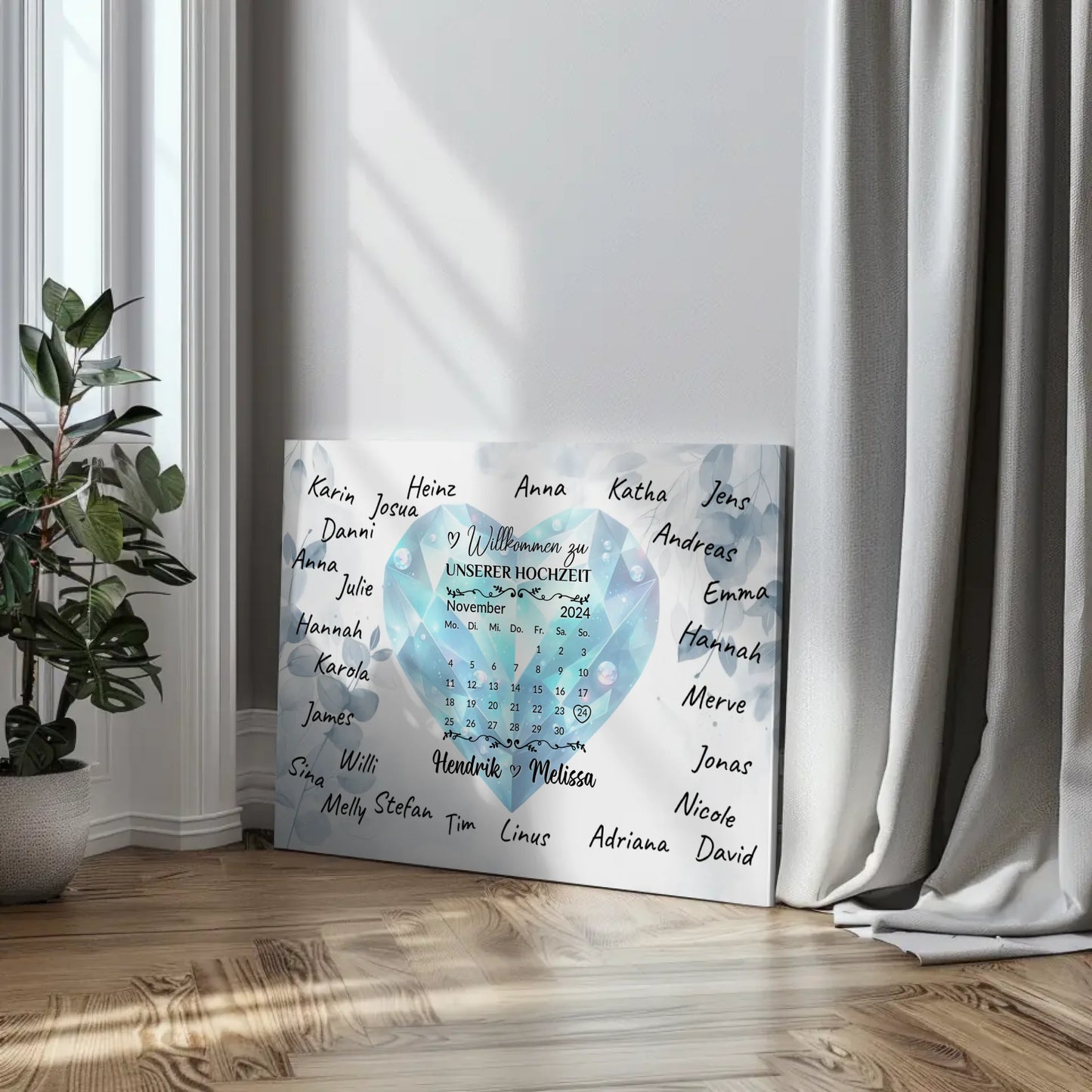 Leinwand Hochzeit Herzlich Willkommen mit Blue Diamond Unterschriften