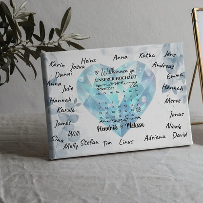 Leinwand Hochzeit Herzlich Willkommen mit Blue Diamond Unterschriften