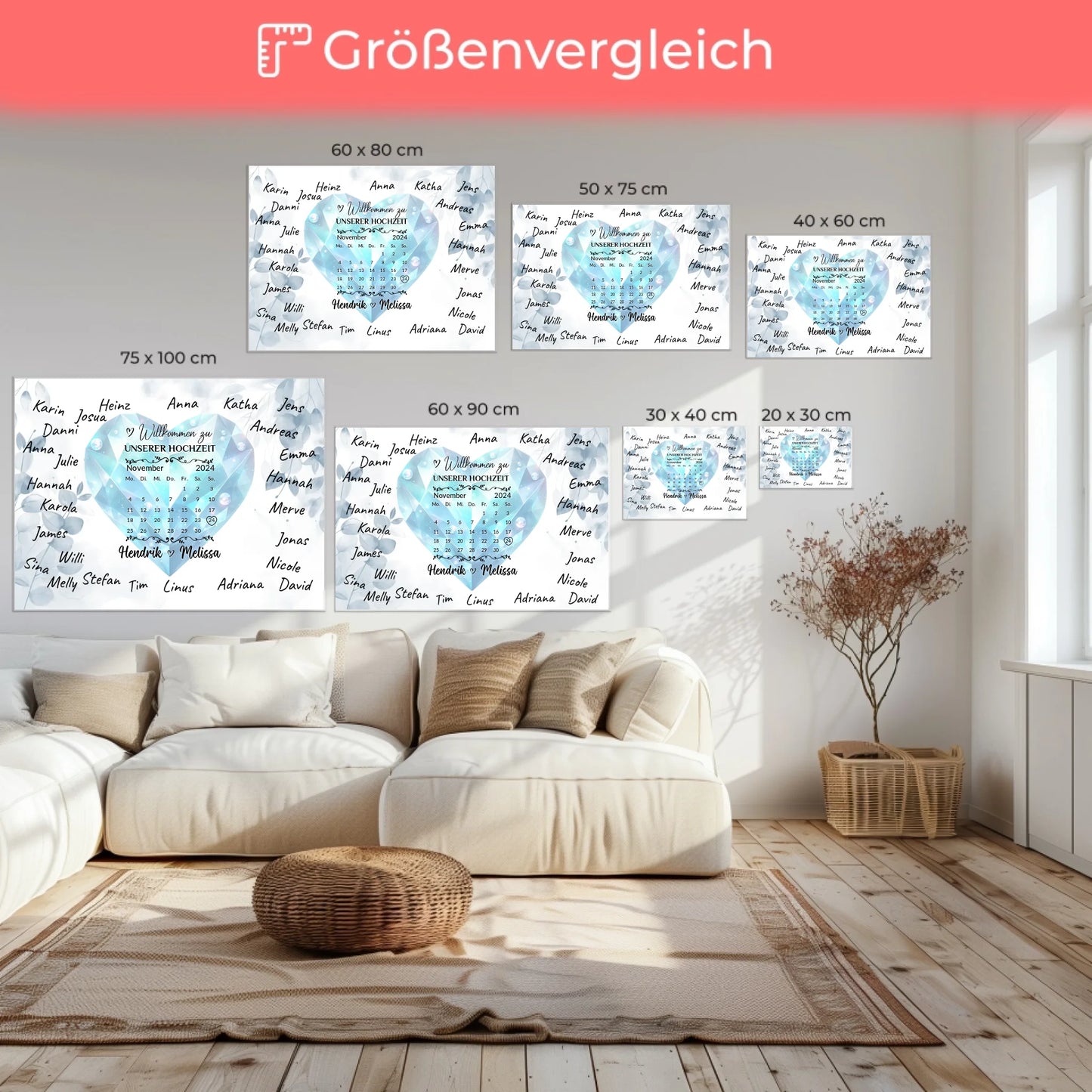 Leinwand Hochzeit Herzlich Willkommen mit Blue Diamond Unterschriften