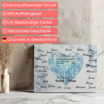 Leinwand Hochzeit Herzlich Willkommen mit Blue Diamond Unterschriften