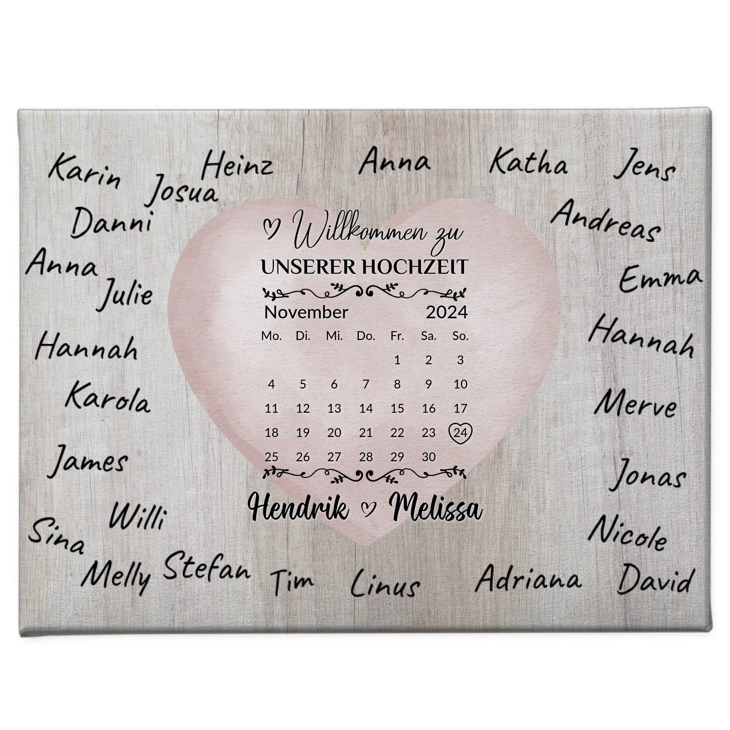 Willkommensschild Hochzeit mit Farbklecks Herz für Unterschriften