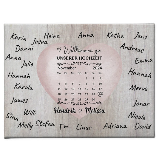 Willkommensschild Hochzeit mit Farbklecks Herz für Unterschriften