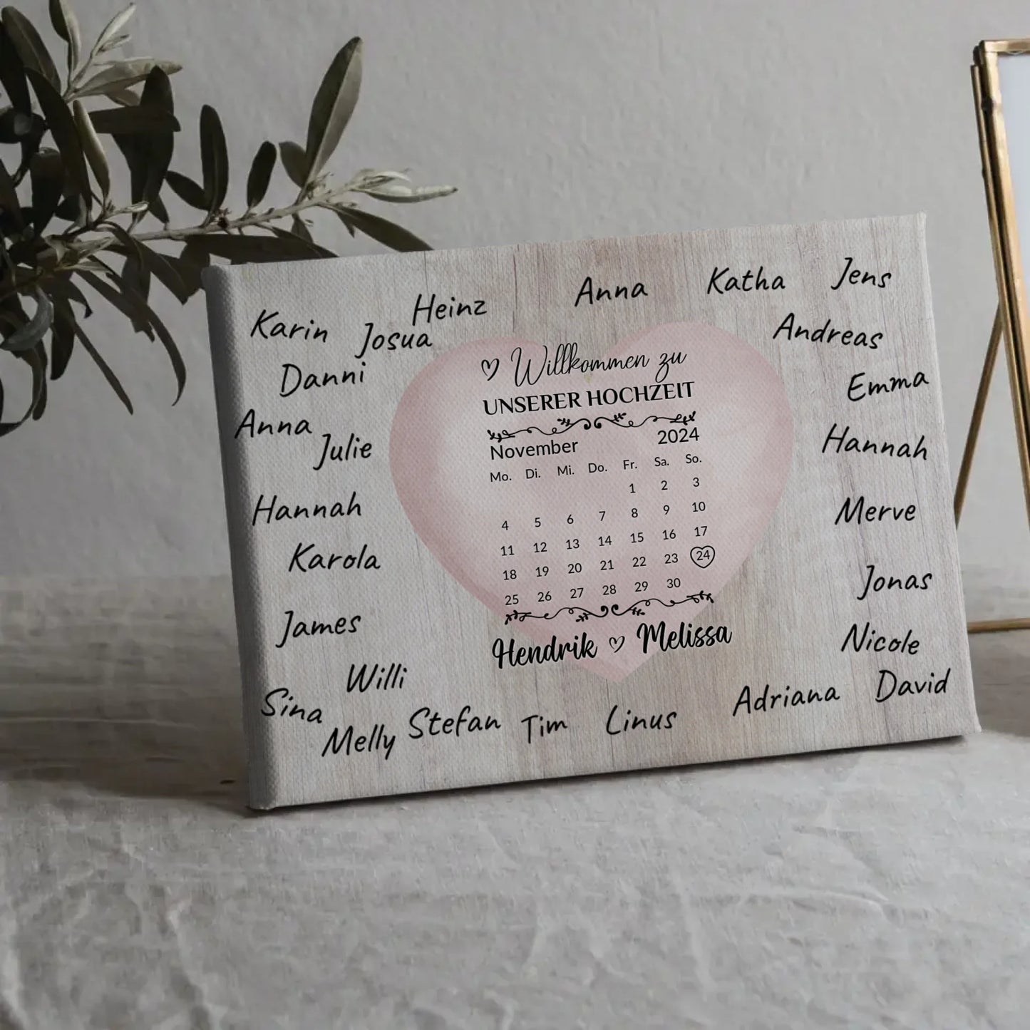 Willkommensschild Hochzeit mit Farbklecks Herz für Unterschriften