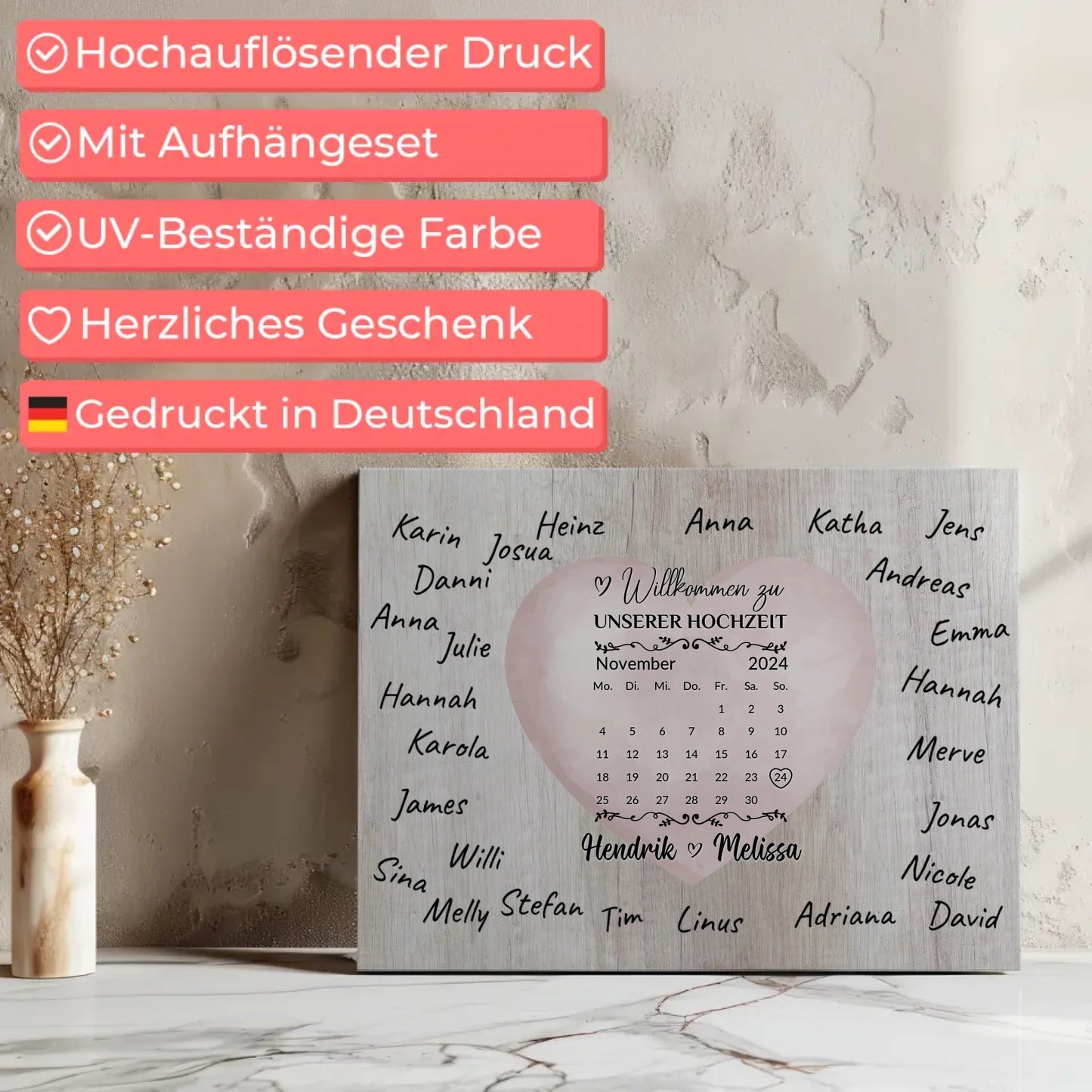 Willkommensschild Hochzeit mit Farbklecks Herz für Unterschriften