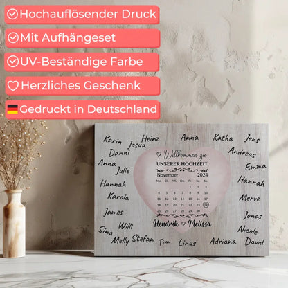 Willkommensschild Hochzeit mit Farbklecks Herz für Unterschriften