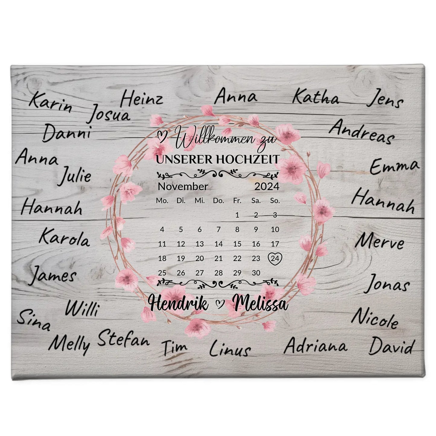 Willkommens Leinwand Hochzeit für eigene Unterschriften Blumenkranz