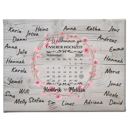 Willkommens Leinwand Hochzeit für eigene Unterschriften Blumenkranz
