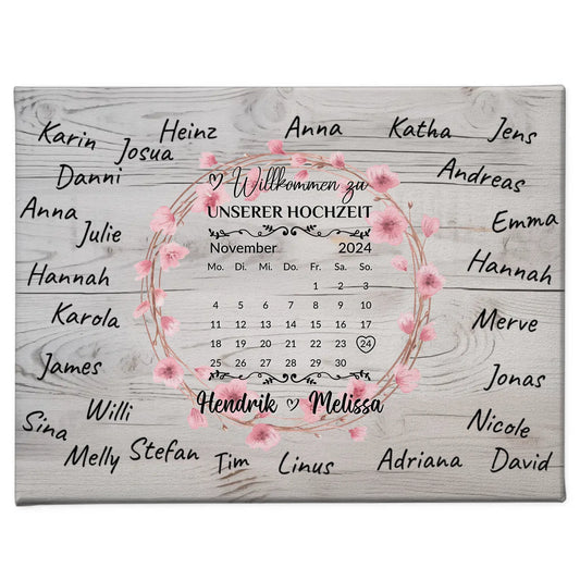Willkommens Leinwand Hochzeit für eigene Unterschriften Blumenkranz