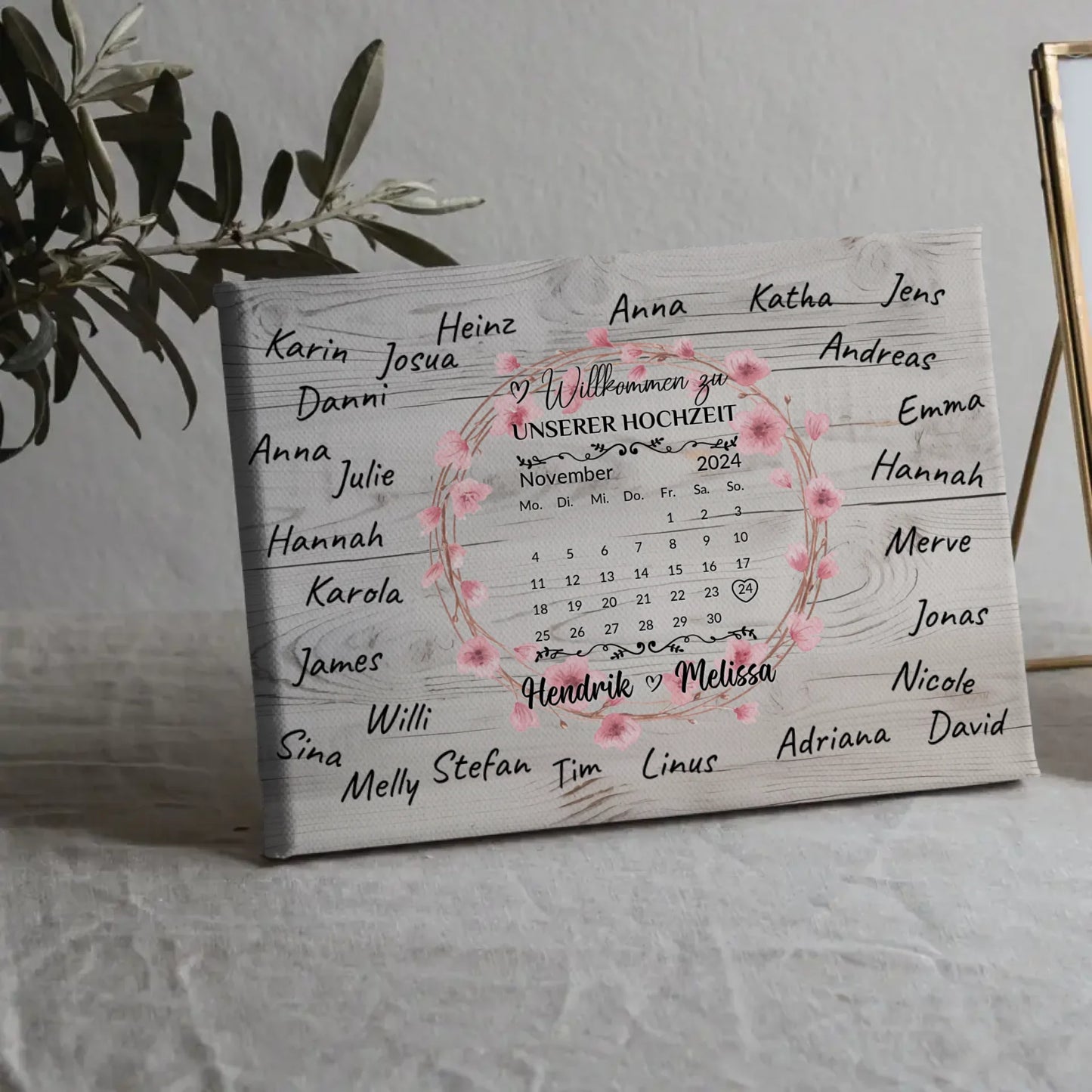 Willkommens Leinwand Hochzeit für eigene Unterschriften Blumenkranz