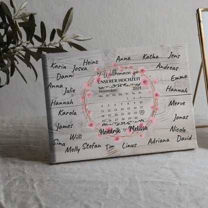 Willkommens Leinwand Hochzeit für eigene Unterschriften Blumenkranz