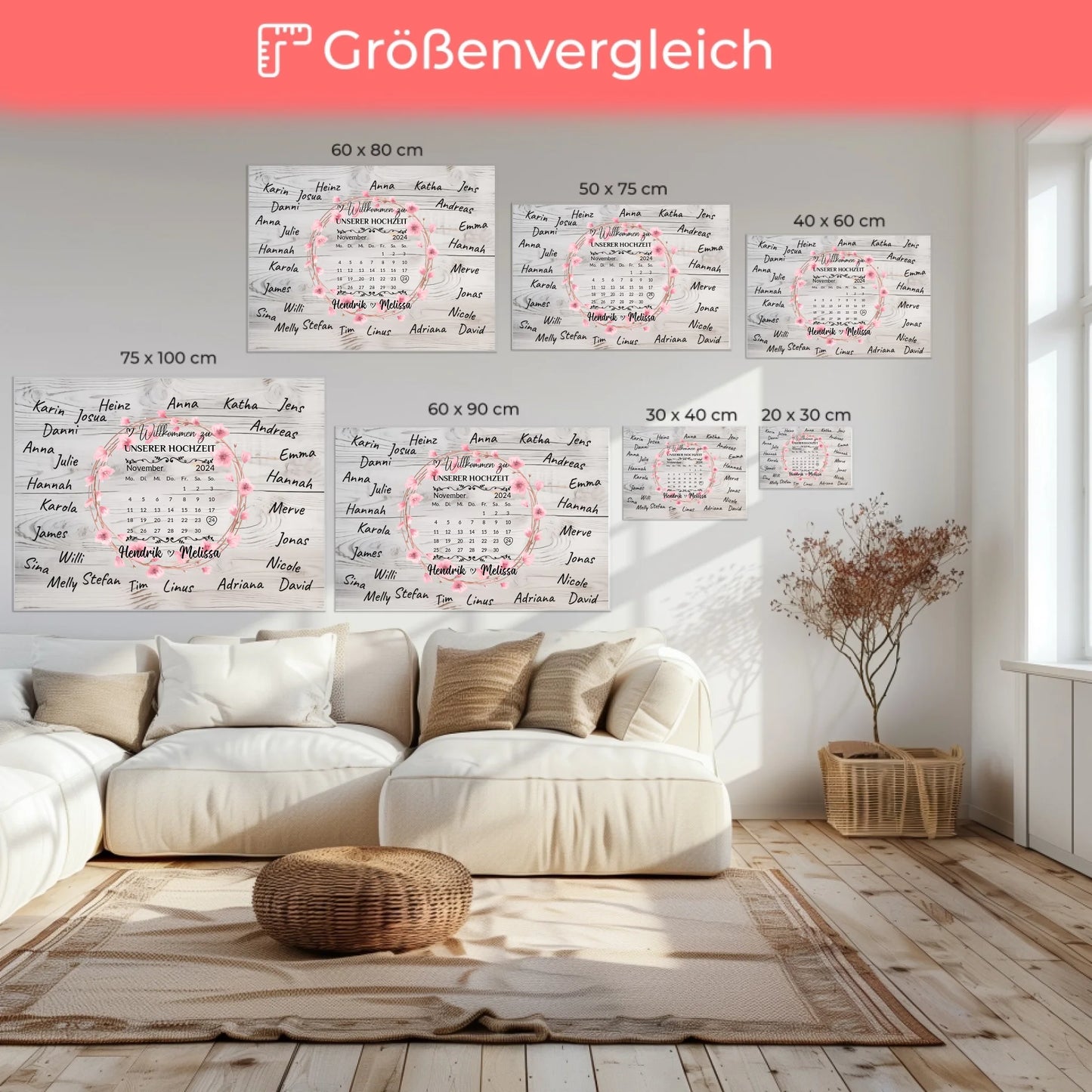 Willkommens Leinwand Hochzeit für eigene Unterschriften Blumenkranz