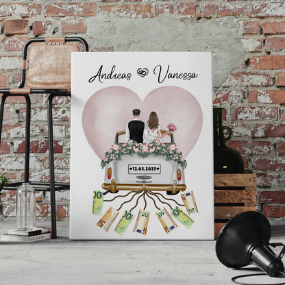 Kreatives Geldgeschenk Leinwand für Hochzeit Farbklecks Herz