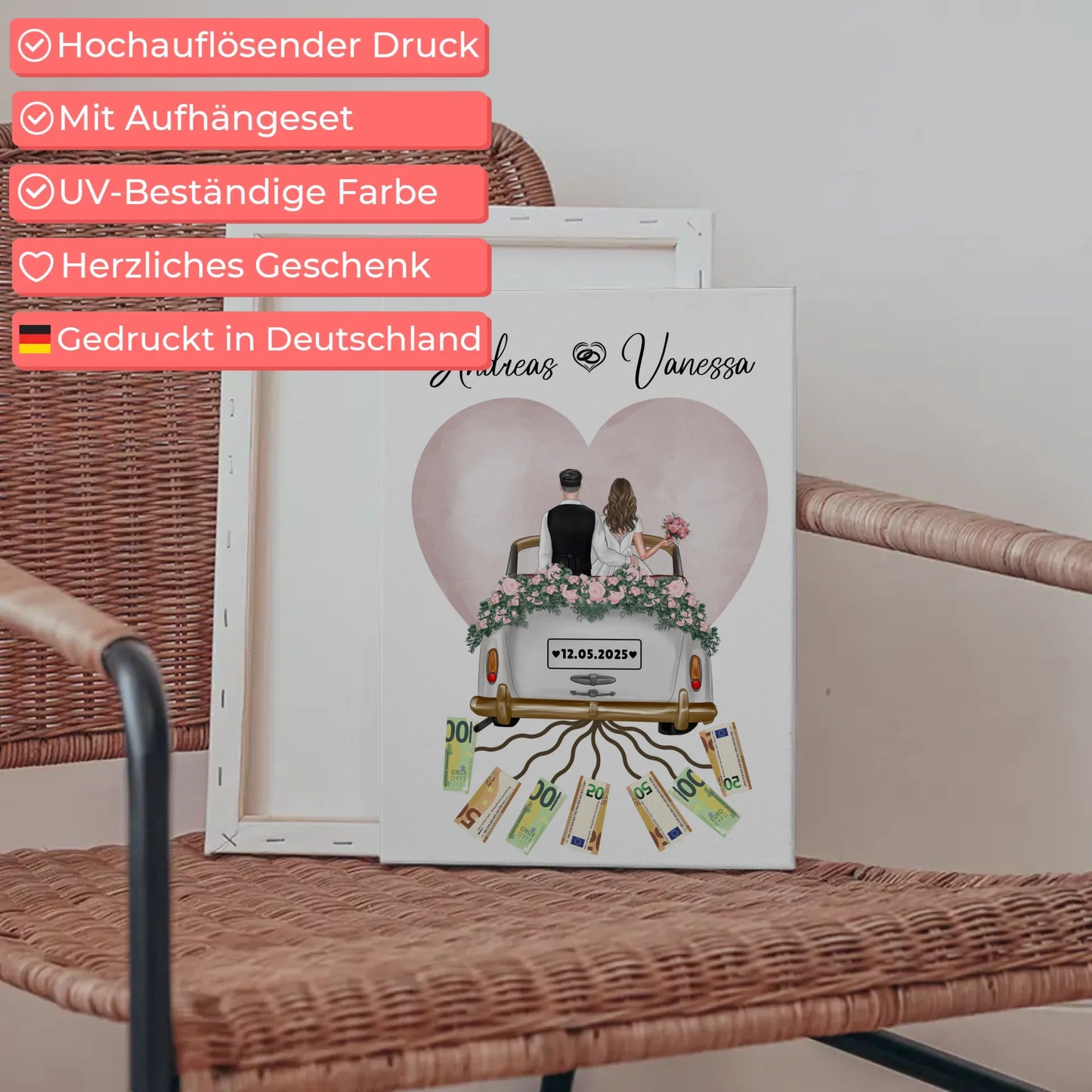 Kreatives Geldgeschenk Leinwand für Hochzeit Farbklecks Herz