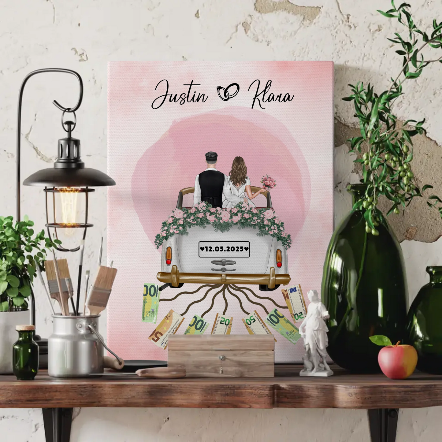 Personalisierte Hochzeit Leinwand Herz Farbklecks Geldgeschenkidee