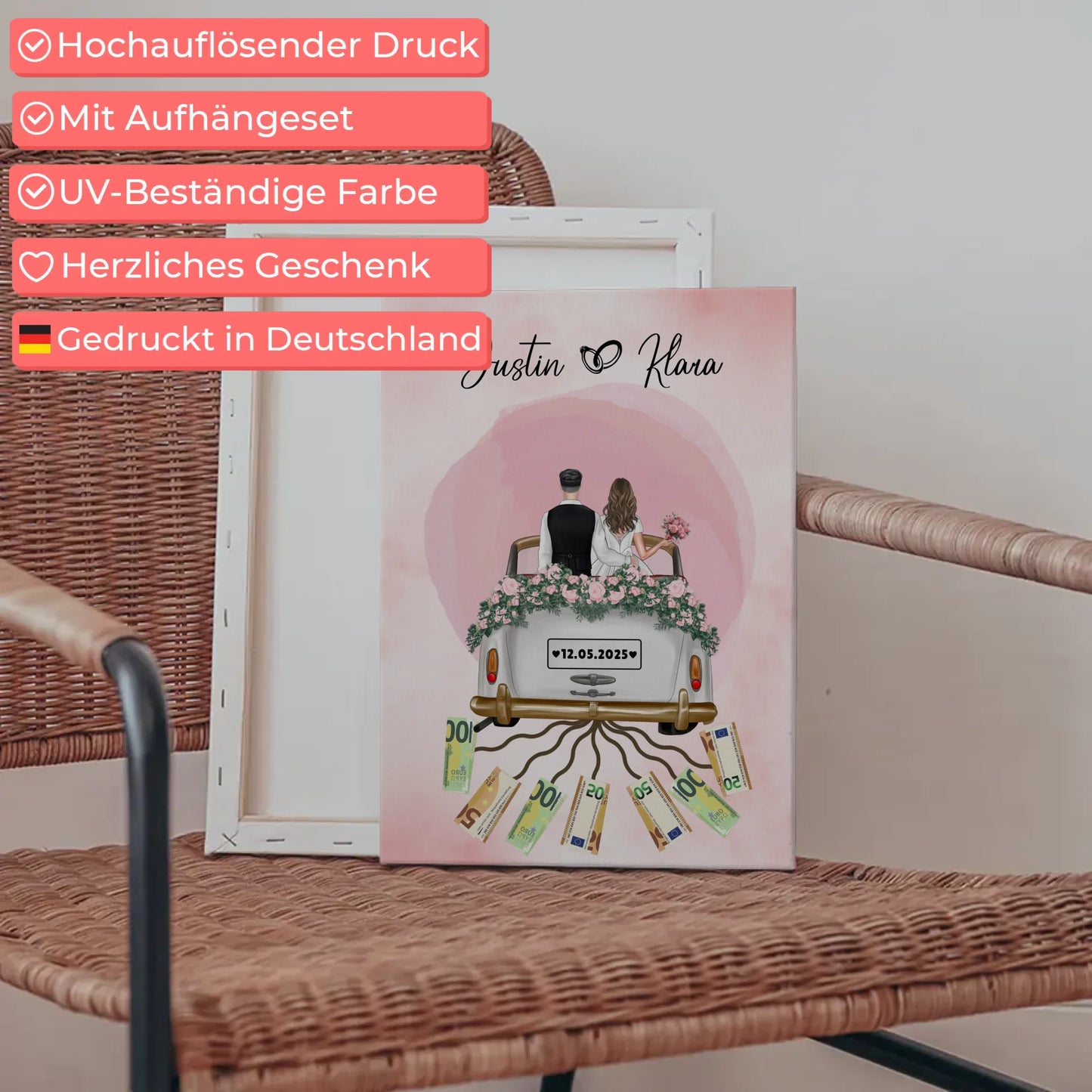 Personalisierte Hochzeit Leinwand Herz Farbklecks Geldgeschenkidee