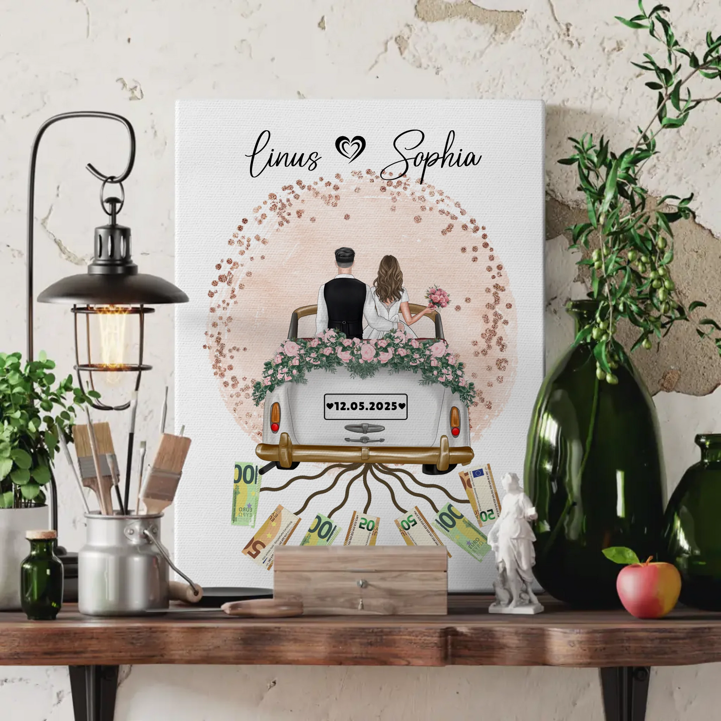 Personalisierte Geschenk Hochzeit Leinwand Farbklecks Rose