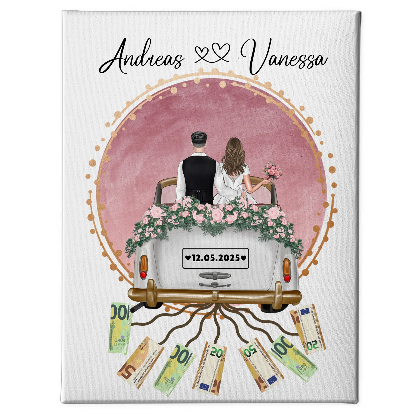 Rosa Aquarell Wandbild als Geldgeschenk für Hochzeit
