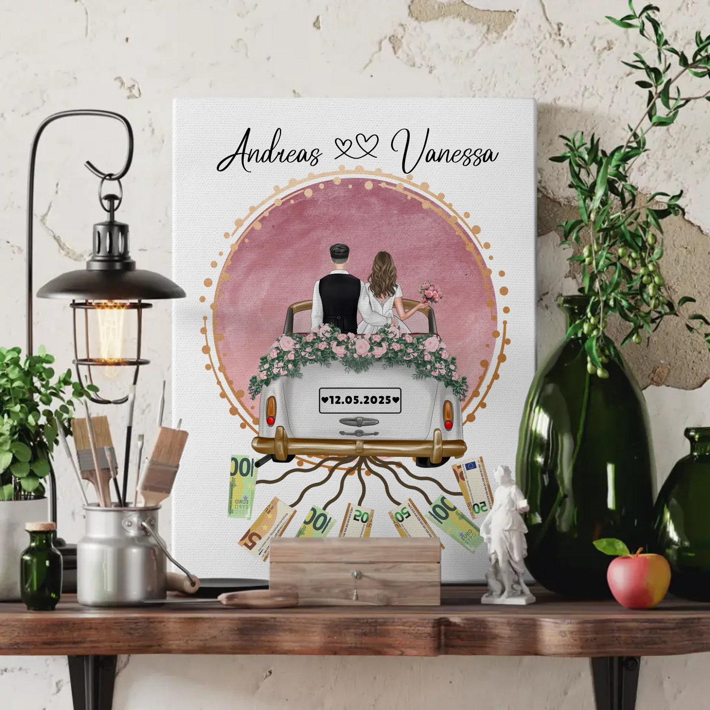 Rosa Aquarell Wandbild als Geldgeschenk für Hochzeit