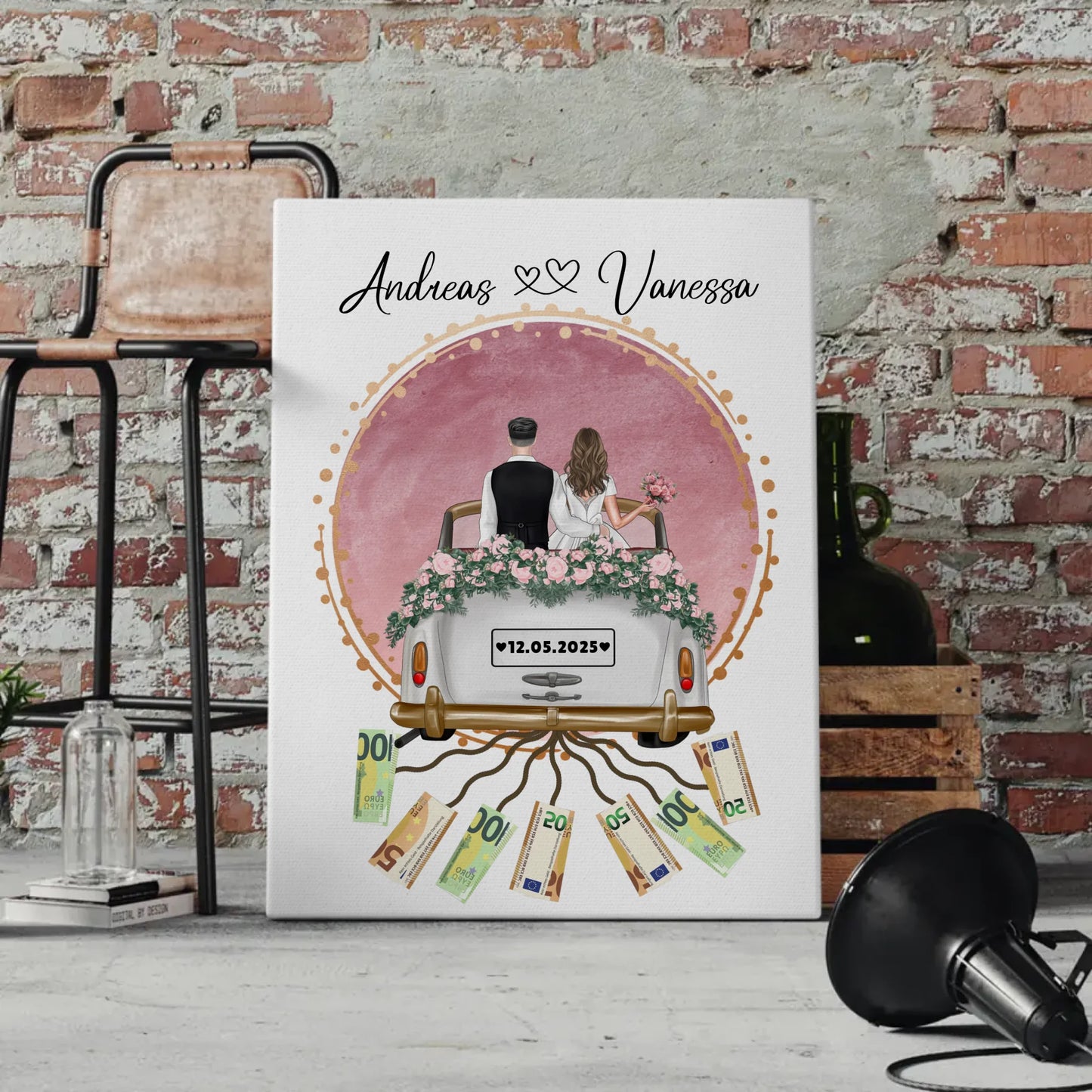 Rosa Aquarell Wandbild als Geldgeschenk für Hochzeit