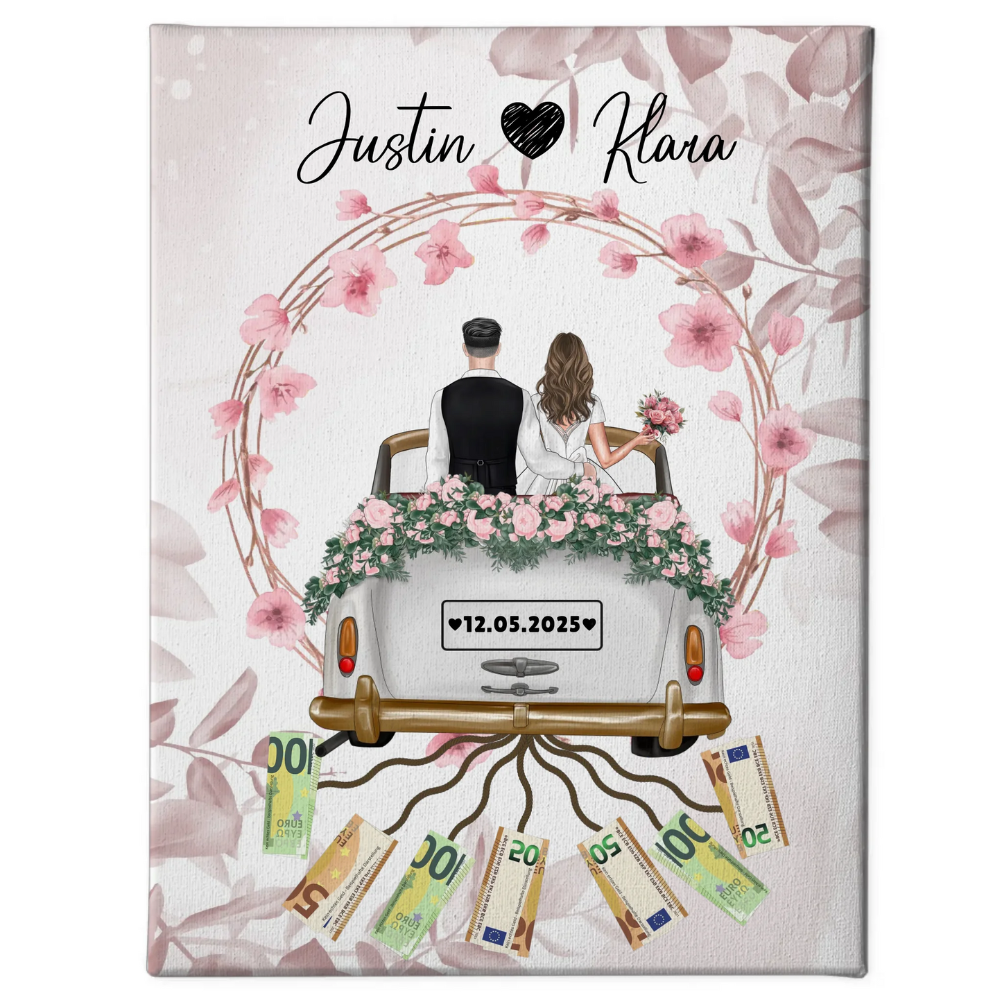 Personalisierte Geschenkidee Geldgeschenk Hochzeit Leinwand Blumenkranz