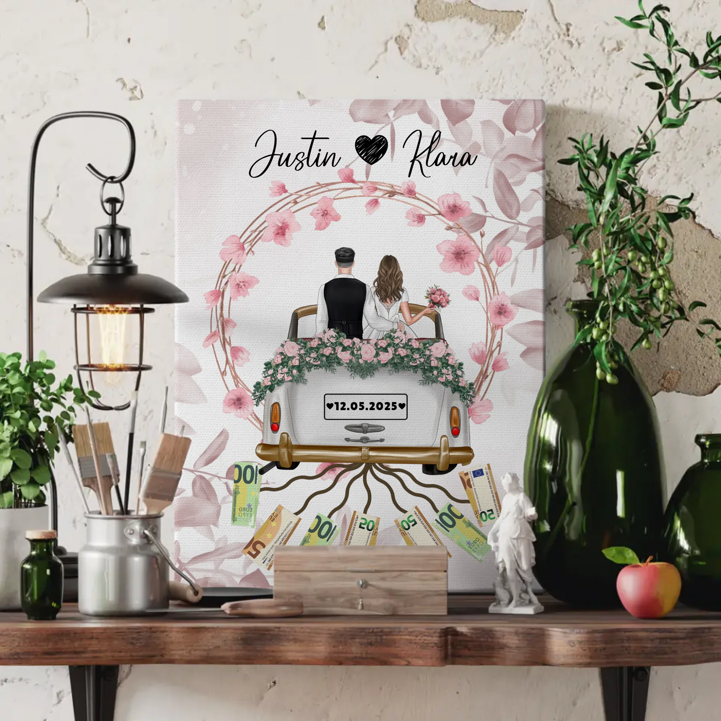 Personalisierte Geschenkidee Geldgeschenk Hochzeit Leinwand Blumenkranz