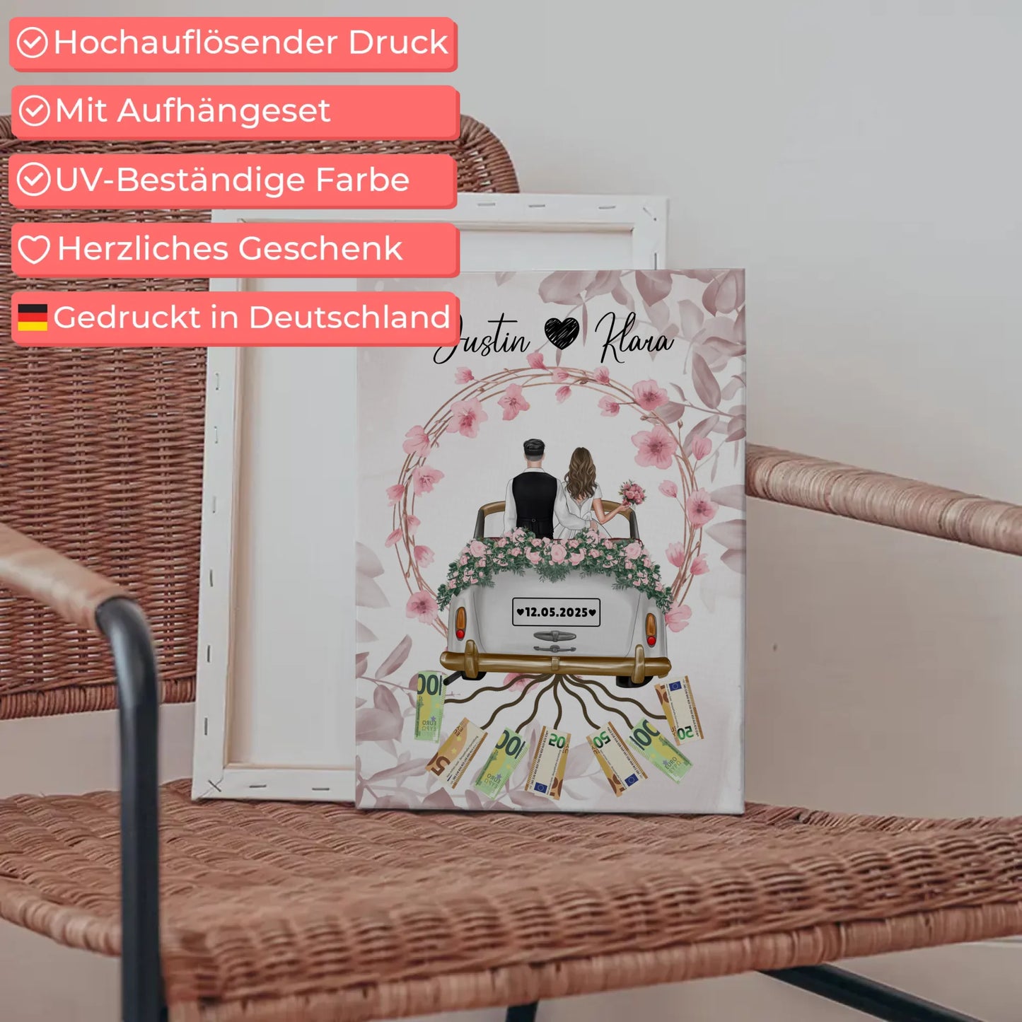 Personalisierte Geschenkidee Geldgeschenk Hochzeit Leinwand Blumenkranz