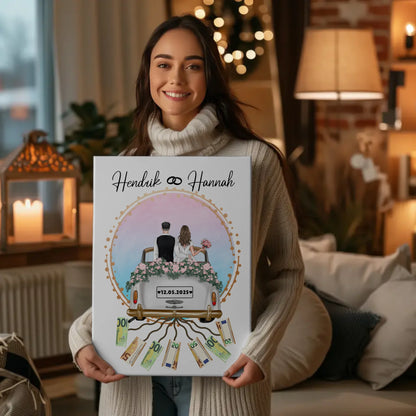 Kreatives Geldgeschenk Leinwand für Hochzeit mit Namen Datum