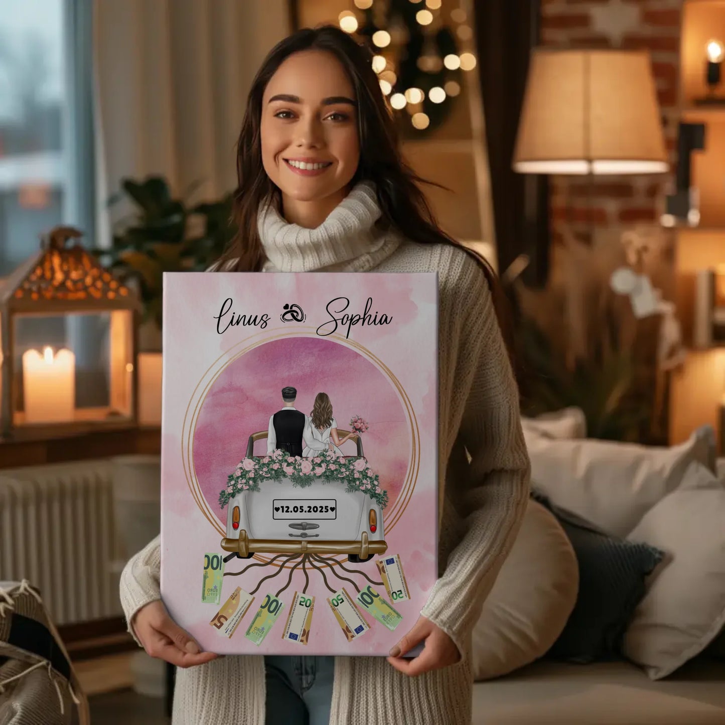 Personalisierte Hochzeit Leinwand mit Namen Geldgeschenkidee
