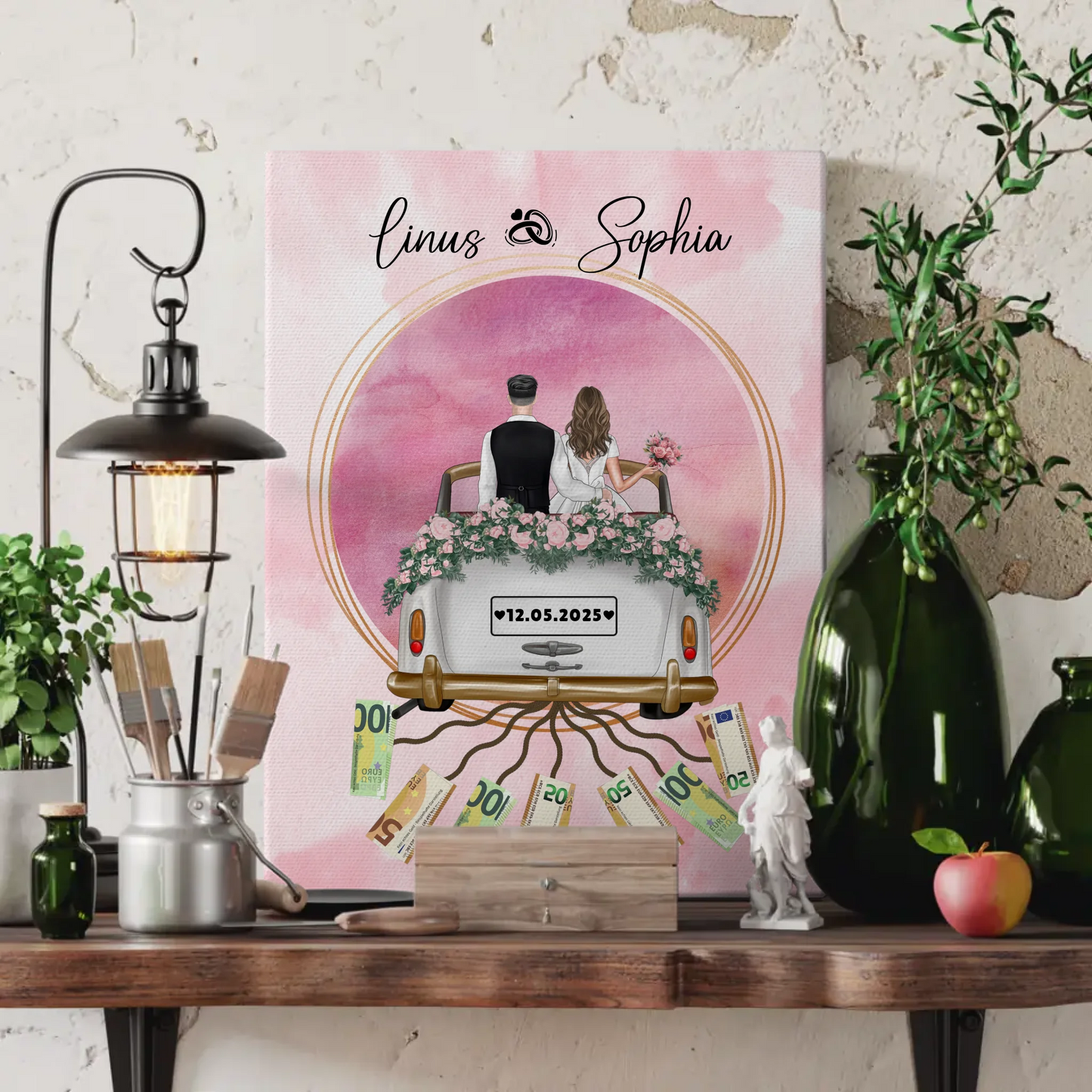 Personalisierte Hochzeit Leinwand mit Namen Geldgeschenkidee