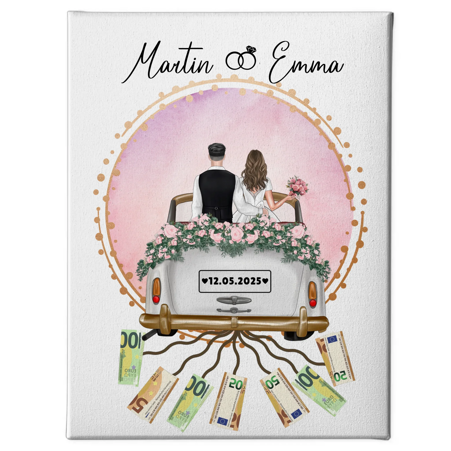 Personalisierte Leinwand für Geldgeschenke zur Hochzeit mit Wunschtext