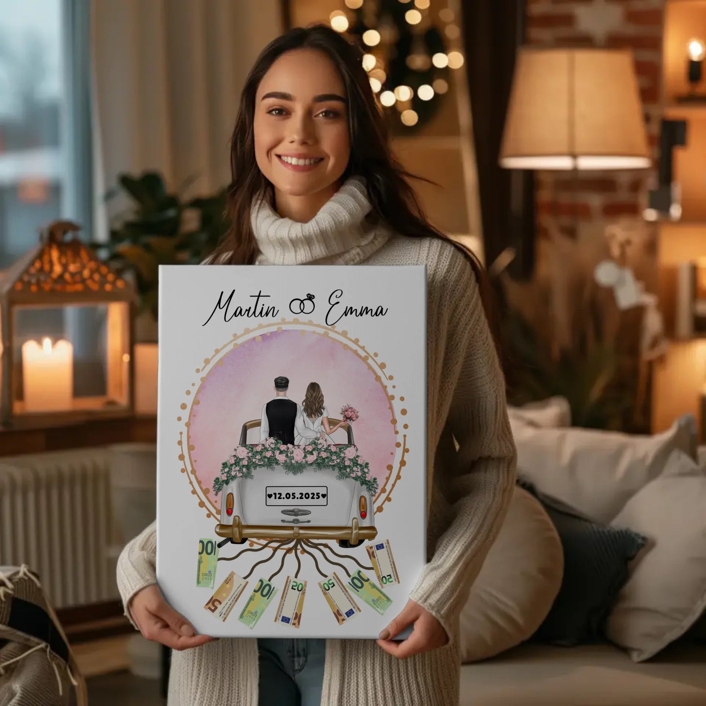 Personalisierte Leinwand für Geldgeschenke zur Hochzeit mit Wunschtext