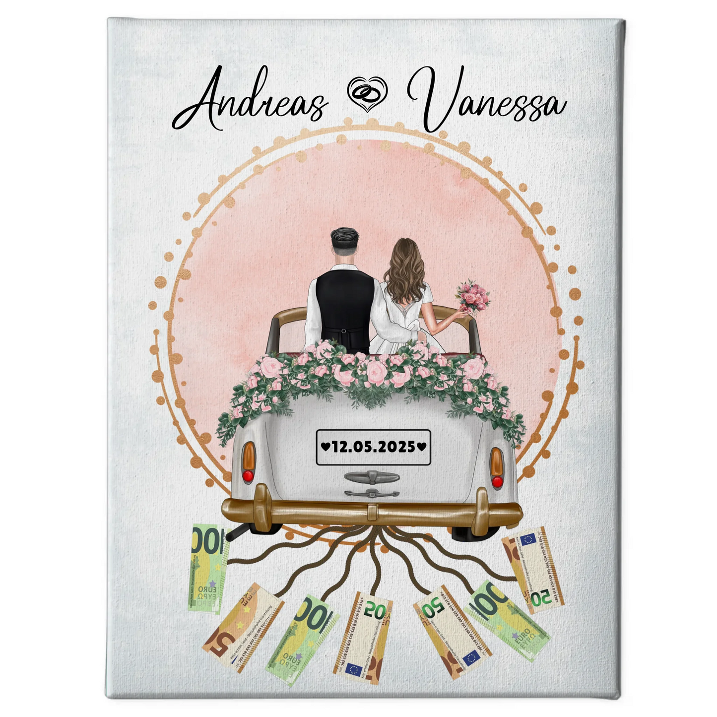 Personalisierte Geschenk Hochzeit Leinwand für Geldscheine Wunschtext und Namen