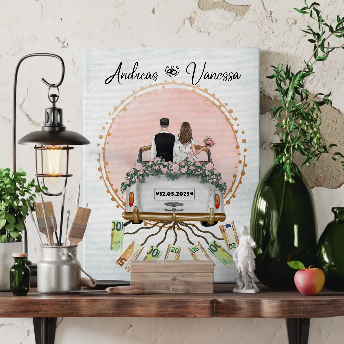 Personalisierte Geschenk Hochzeit Leinwand für Geldscheine Wunschtext und Namen