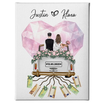 Personalisierte Leinwand als Geldgeschenk für die Hochzeit mit Namen und Datum