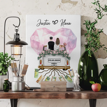 Personalisierte Leinwand als Geldgeschenk für die Hochzeit mit Namen und Datum