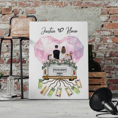 Personalisierte Leinwand als Geldgeschenk für die Hochzeit mit Namen und Datum