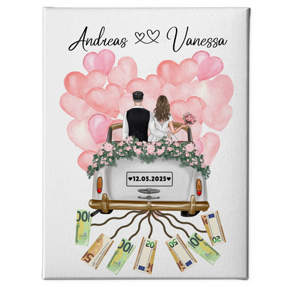 Personalisierte Hochzeit Leinwand als Geldgeschenkidee mit Namen und Datum