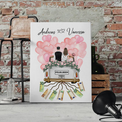 Personalisierte Hochzeit Leinwand als Geldgeschenkidee mit Namen und Datum