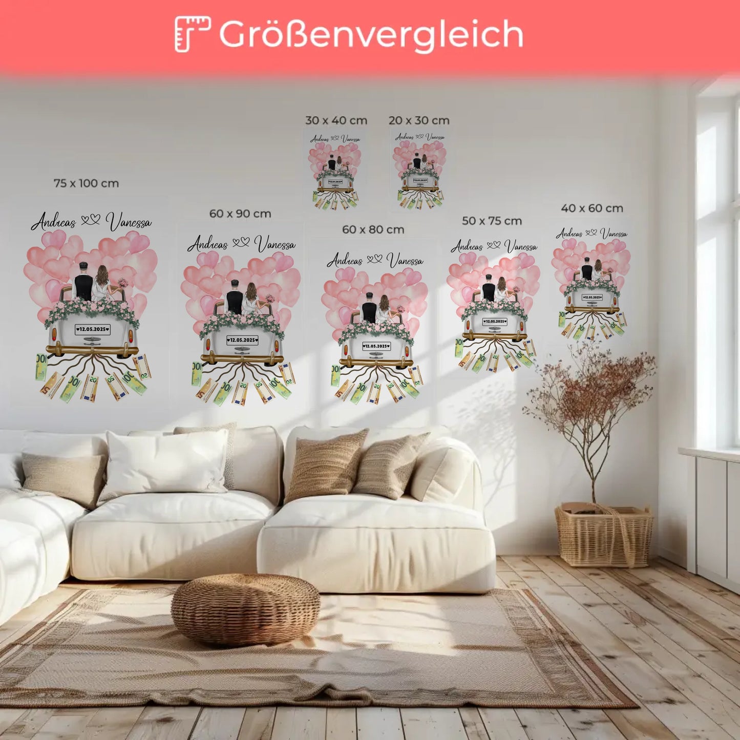 Personalisierte Hochzeit Leinwand als Geldgeschenkidee mit Namen und Datum