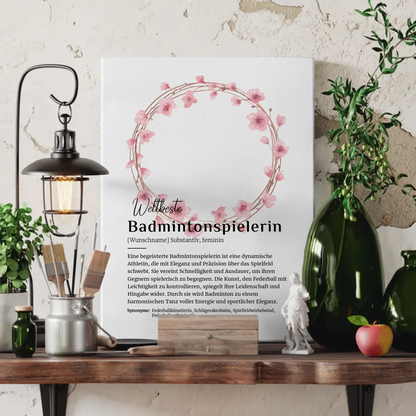 Personalisierte Leinwand Badmintonspielerin mit Namen Geschenkidee