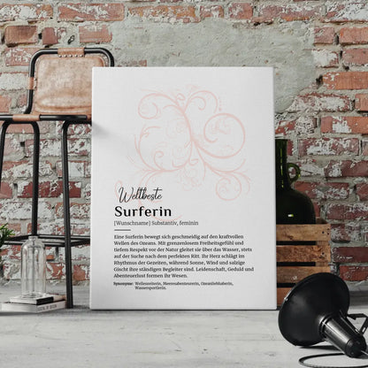 Personalisierte Leinwand Definition Surferin Surfen mit Namen Geschenkidee