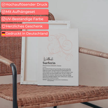 Personalisierte Leinwand Definition Surferin Surfen mit Namen Geschenkidee
