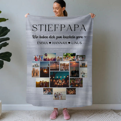 Personalisierte Kuscheldecke Stiefpapa Fotocollage Herzfoto
