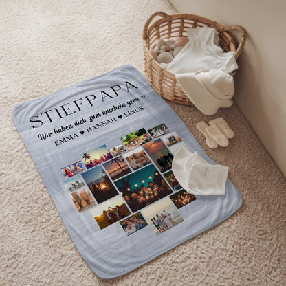 Personalisierte Kuscheldecke Stiefpapa Fotocollage Herzfoto