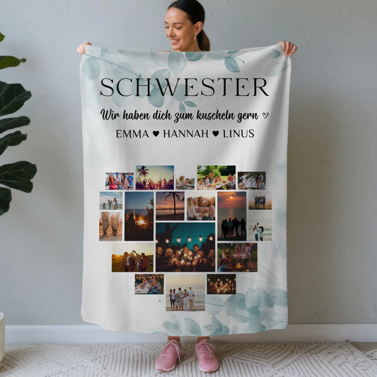 Personalisierte Decke Schwester Fotocollage Herzfoto Geschenk